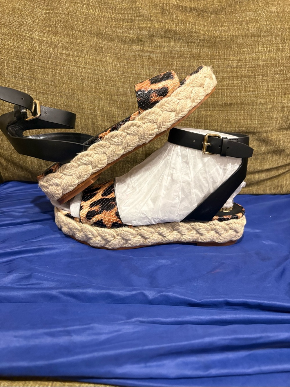 Vince Camuto Leopard Print Espadrille Wedge Sandals with Black Straps